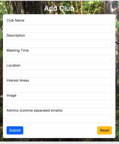 Add Club Screen Add club option