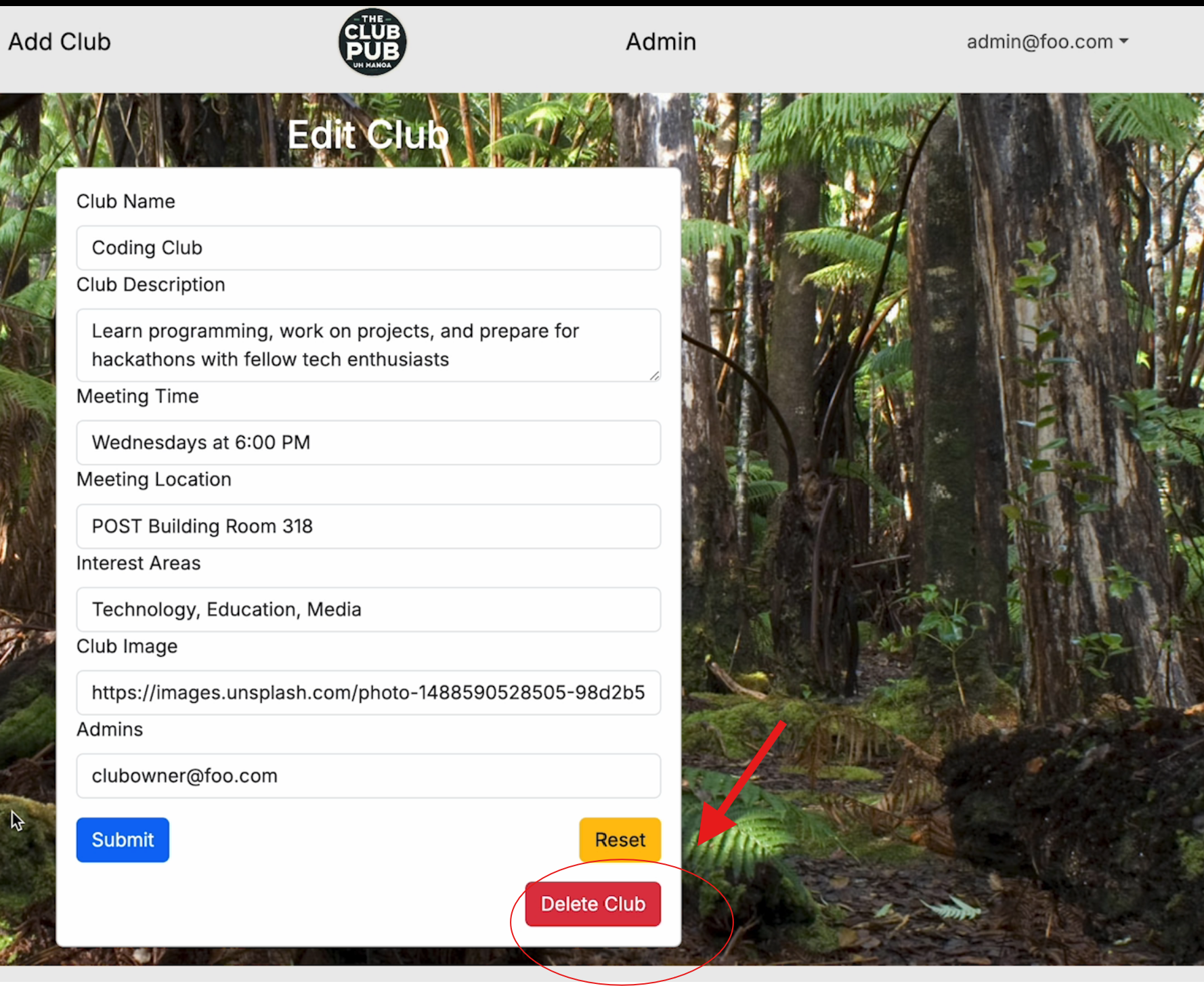 Delete Club option when editing club details Delete club option